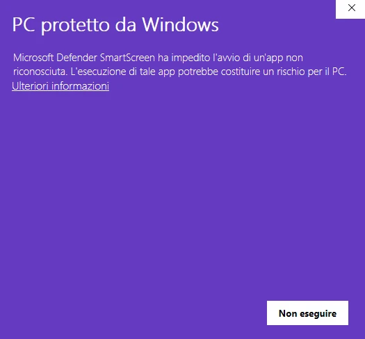 Finestra PC protetto da Windows con il link Ulteriori informazioni
