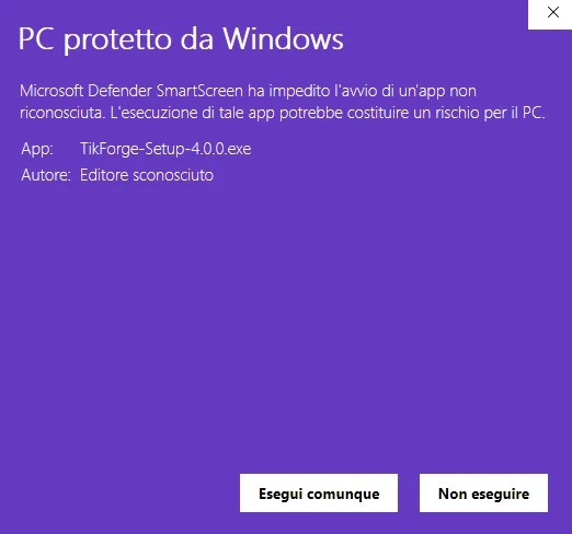 Finestra PC protetto da Windows con il pulsante Esegui comunque